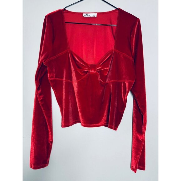 Hollister Women's Size L Red Velvet Long Sleeve Crop Top Sweatheart Valentine - Picture 2 of 9